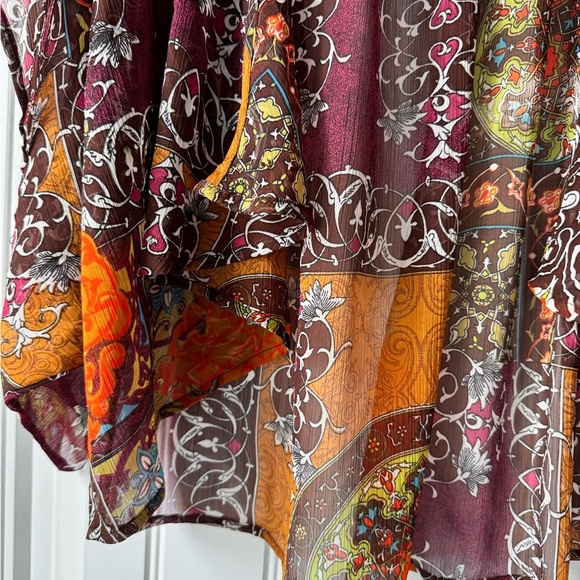 ONE WORLD Multicolor Kimono Boho Rave Festival Flowy Blouse Tunic Drape Sleeve L - Picture 11 of 13